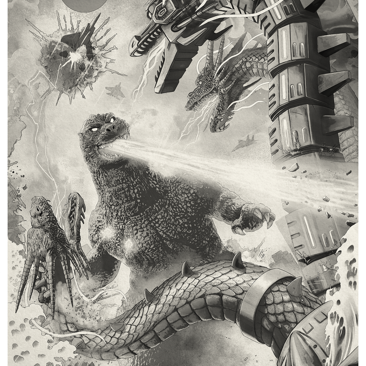 Pablo Olivera "Godzilla vs. King Ghidorah" B&W Art Print Variant