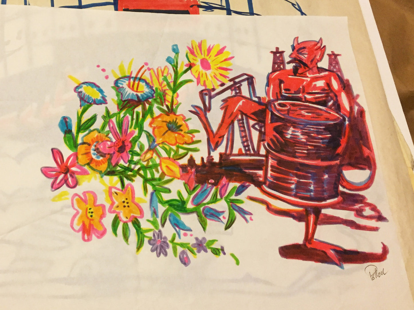 OG Devil Floral Oil Marker Sketch '09 - Framed