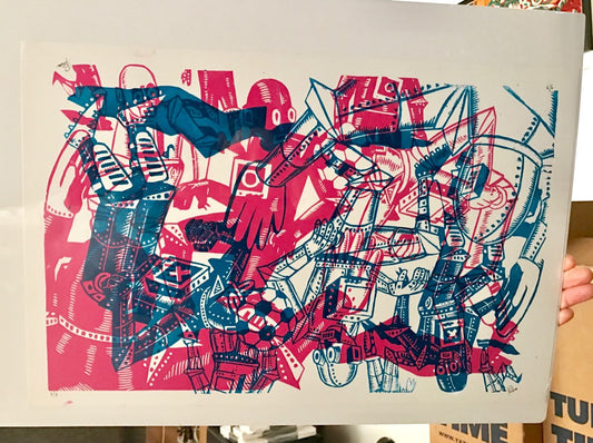 Jim Pollock "Soccerbot Pink & Blue Reversible Test Print" - 2/3