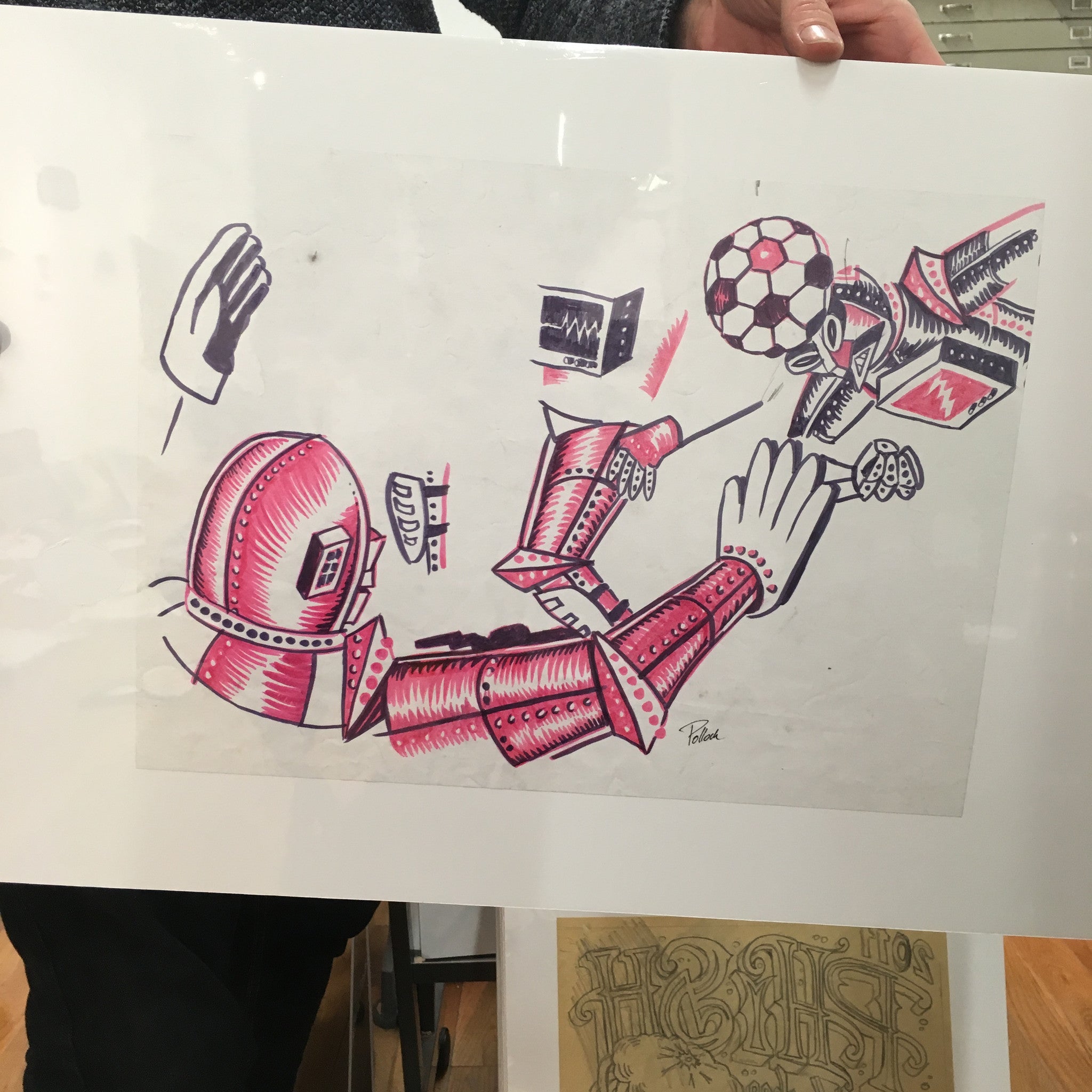 Jim Pollock "Soccerbot Pink & Purple OG Concept Marker Sketch"